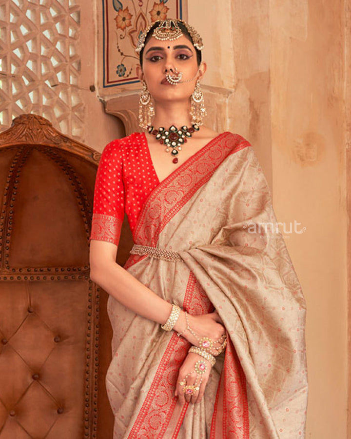 Beige Printed Silk Saree With Contrast Zari Border