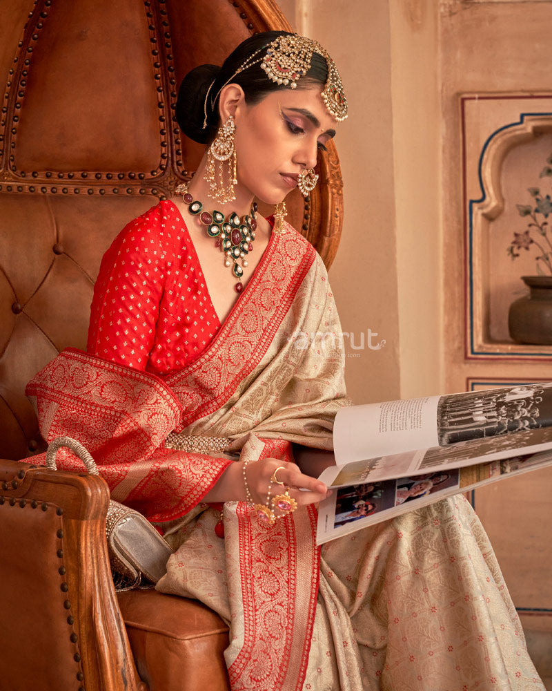 Beige Printed Silk Saree With Contrast Zari Border