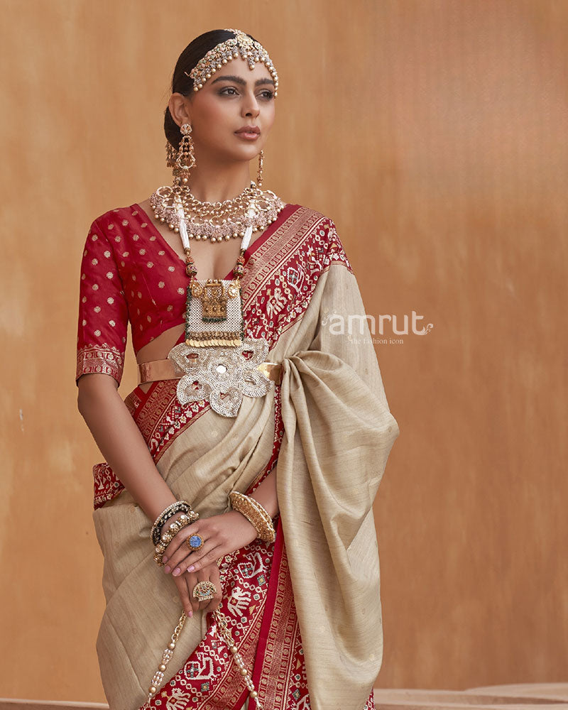 Beige Pure Patola Silk Saree With Printed Border and Unstitched Blouse Piece