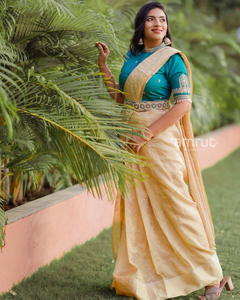 Beige Woven Saree in Cotton Silk with Golden Border and Blouse