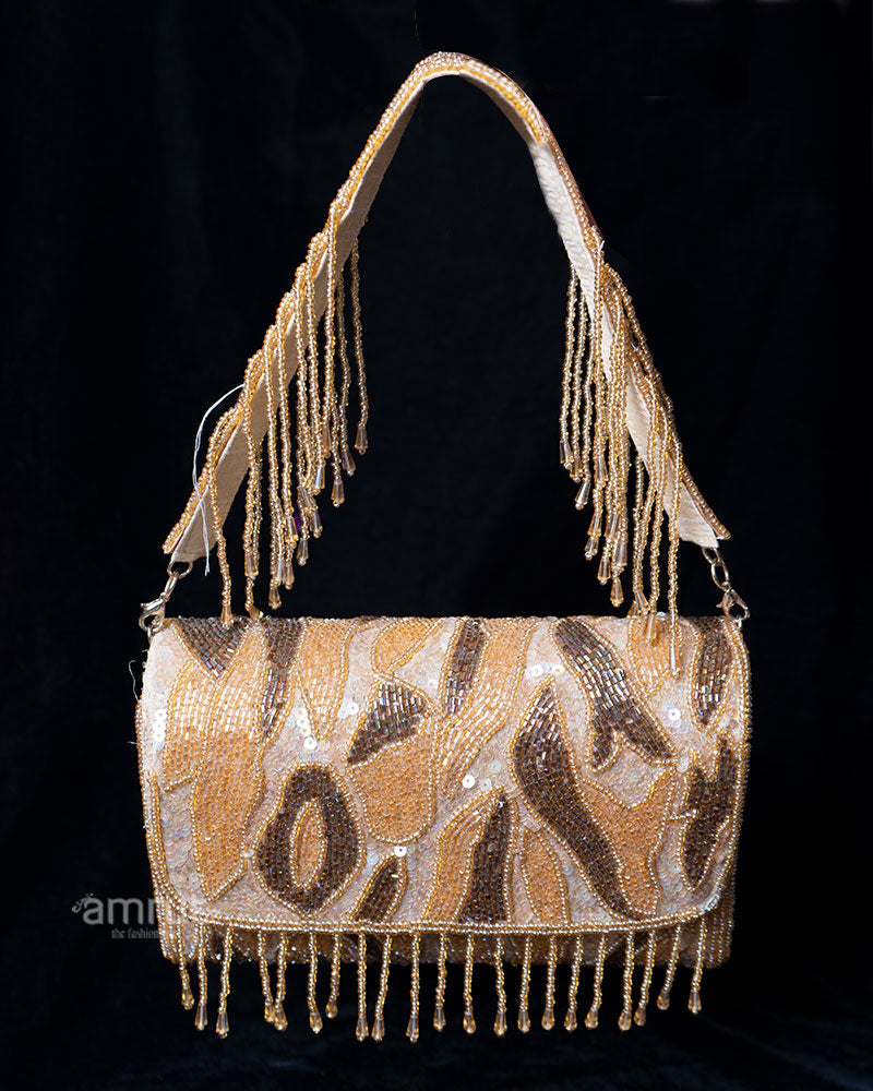 Beige Beaded Animal Print Handbag with Golden Fringe Strap 01