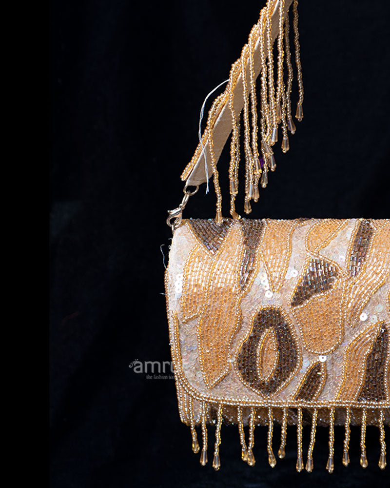 Beige Beaded Animal Print Handbag with Golden Fringe Strap 02