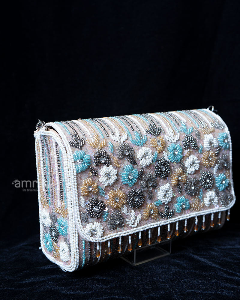 Beige Beaded Floral Pattern with Fringe Clutch Purse 01