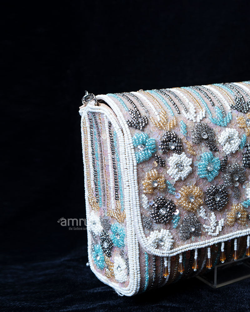 Beige Beaded Floral Pattern with Fringe Clutch Purse 02