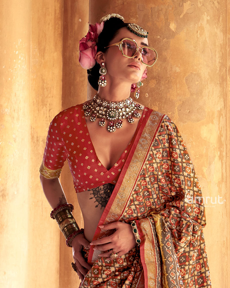 Beige Patola Silk Saree with Orange Border and Unstitched Blouse 02