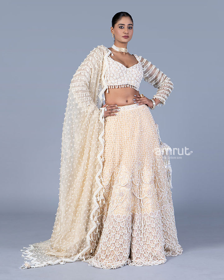 Beige Pearl Embellished Lehenga Set with Sweetheart Blouse and Dupatta 001