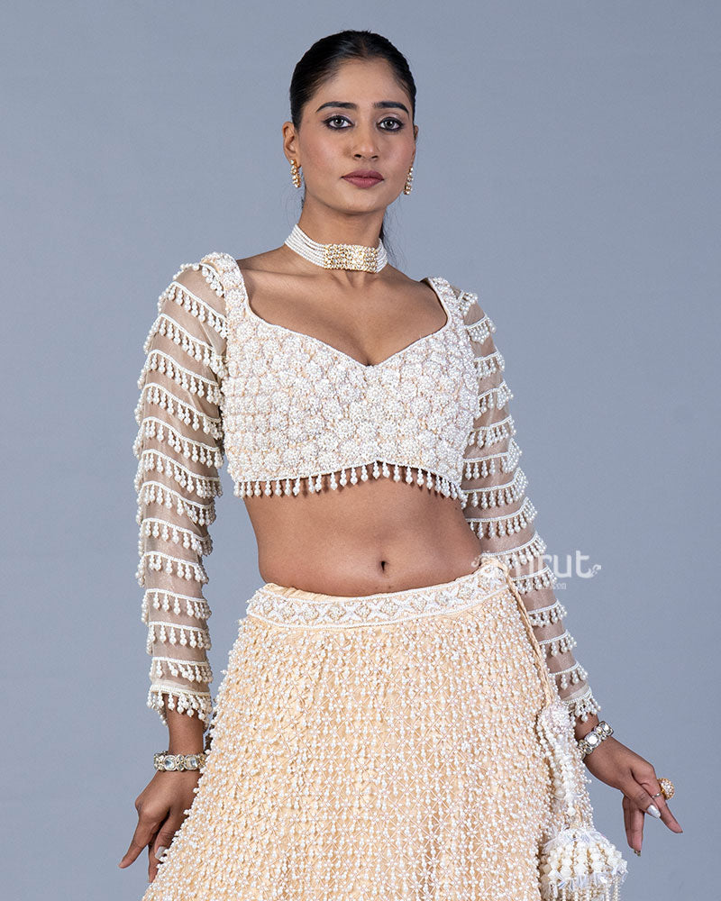 Beige Pearl Embellished Lehenga Set with Sweetheart Blouse and Dupatta
