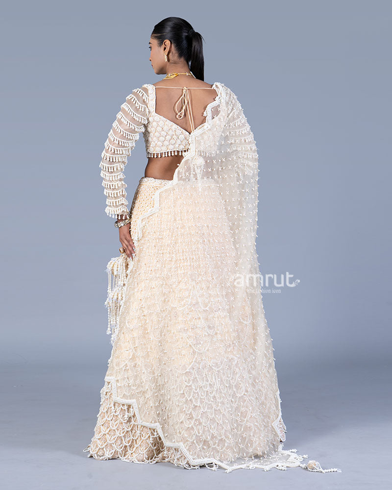 Beige Pearl Embellished Lehenga Set with Sweetheart Blouse and Dupatta 005