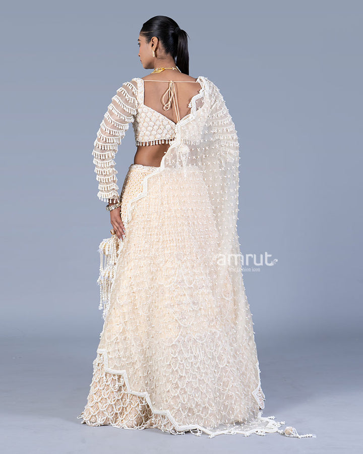 Beige Pearl Embellished Lehenga Set with Sweetheart Blouse and Dupatta 005