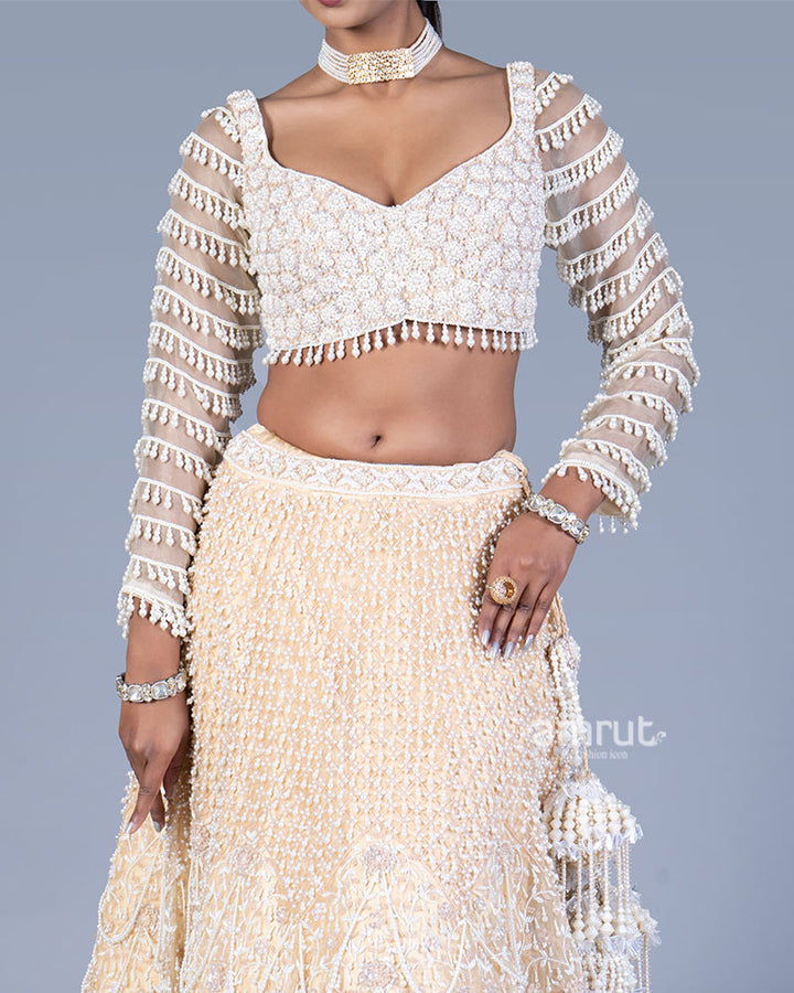 Beige Pearl Embellished Lehenga Set with Sweetheart Blouse and Dupatta 03
