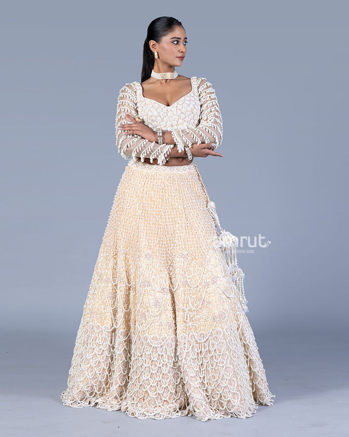 Beige Pearl Embellished Lehenga Set with Sweetheart Blouse and Dupatta 04