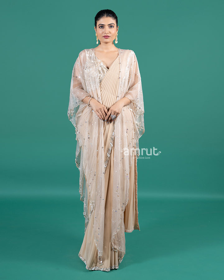 Beige Ready to Wear Saree with Sequined Cape and Embellished Blouse 01