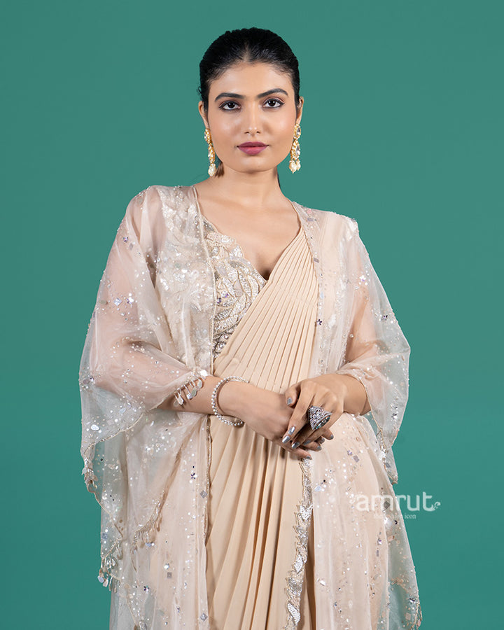 Beige Ready to Wear Saree with Sequined Cape and Embellished Blouse 02