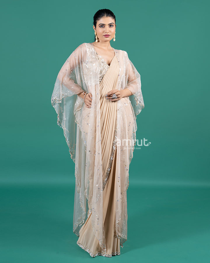 Beige Ready to Wear Saree with Sequined Cape and Embellished Blouse 04