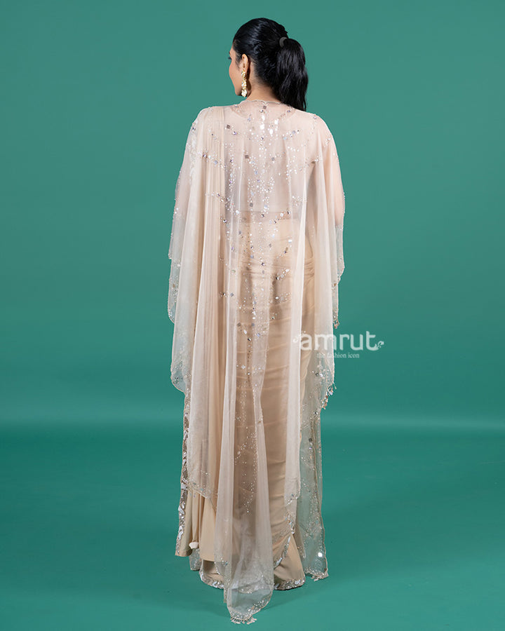 Beige Ready to Wear Saree with Sequined Cape and Embellished Blouse 05