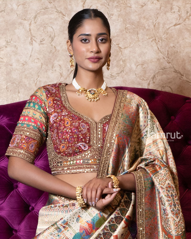Beige Regal Heritage Silk Saree with Stitched Blouse 02