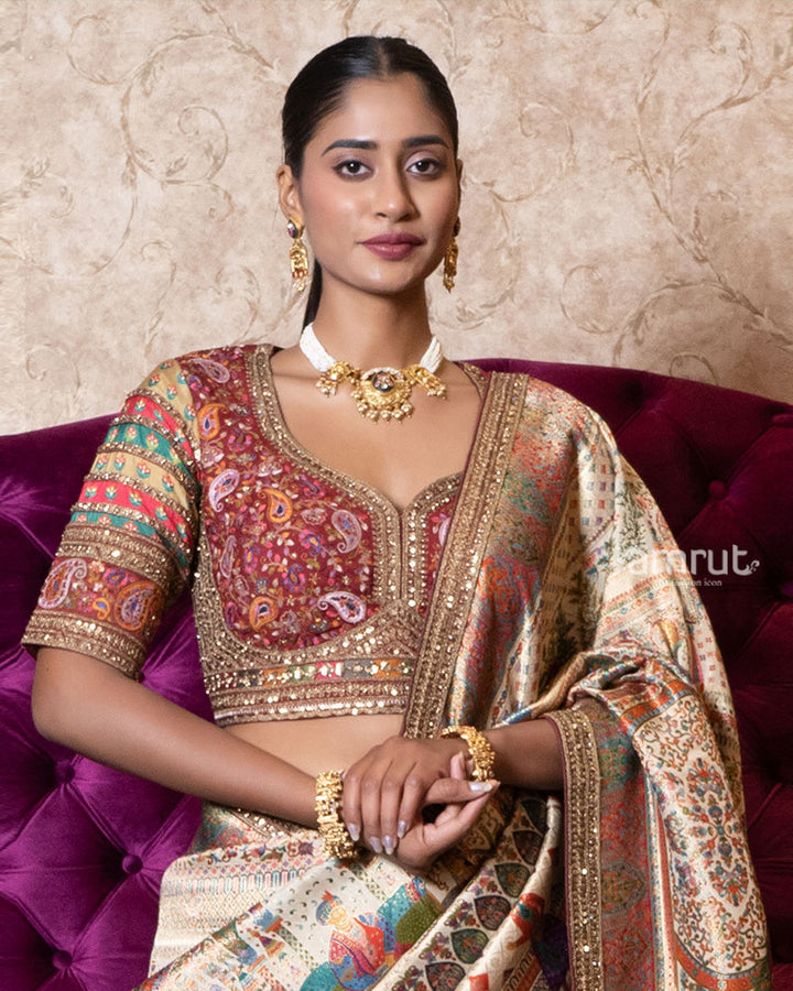 Beige Regal Heritage Silk Saree with Stitched Blouse 02