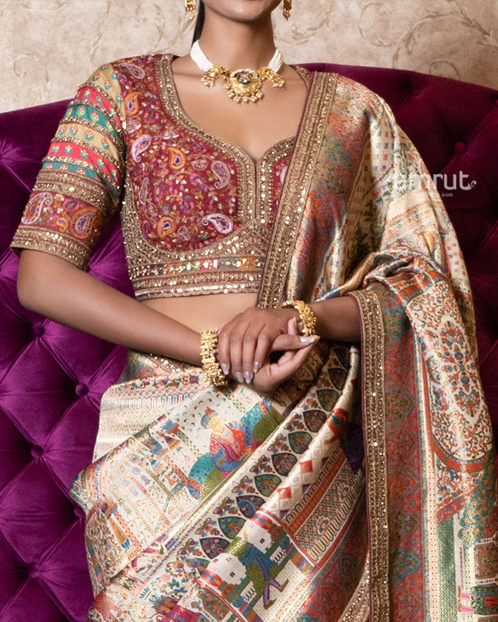 Beige Regal Heritage Silk Saree with Stitched Blouse 03