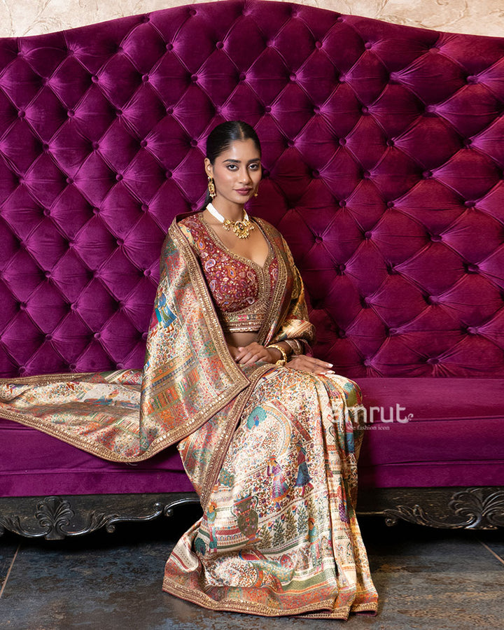 Beige Regal Heritage Silk Saree with Stitched Blouse 04