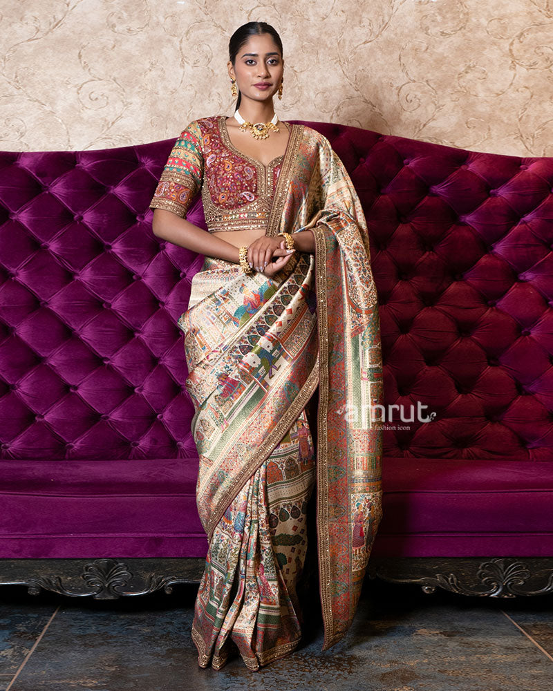 Beige Regal Heritage Silk Saree with Stitched Blouse 05