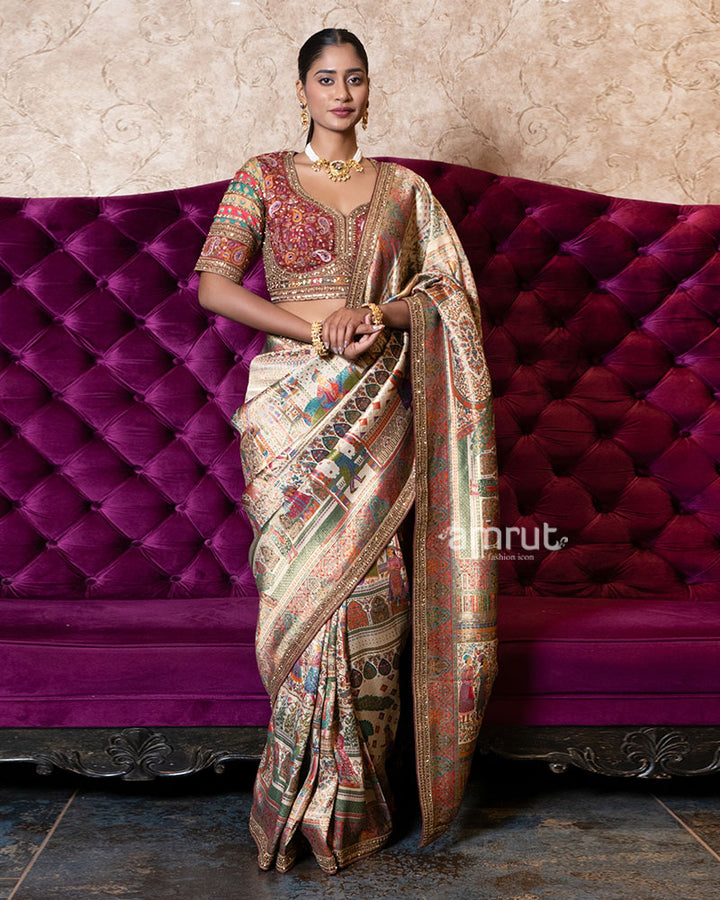 Beige Regal Heritage Silk Saree with Stitched Blouse 05