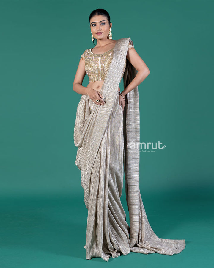 Beige Shimmering Ready to Wear Saree with Golden Embroidered Blouse 01