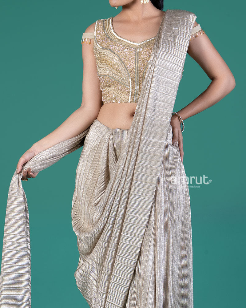 Beige Shimmering Ready to Wear Saree with Golden Embroidered Blouse 02