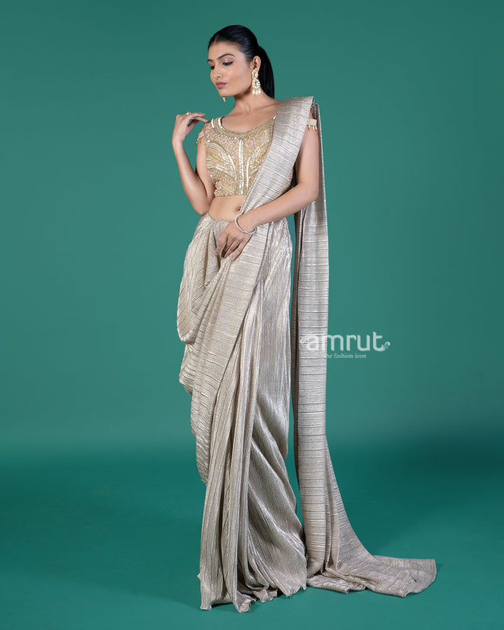 Beige Shimmering Ready to Wear Saree with Golden Embroidered Blouse 03