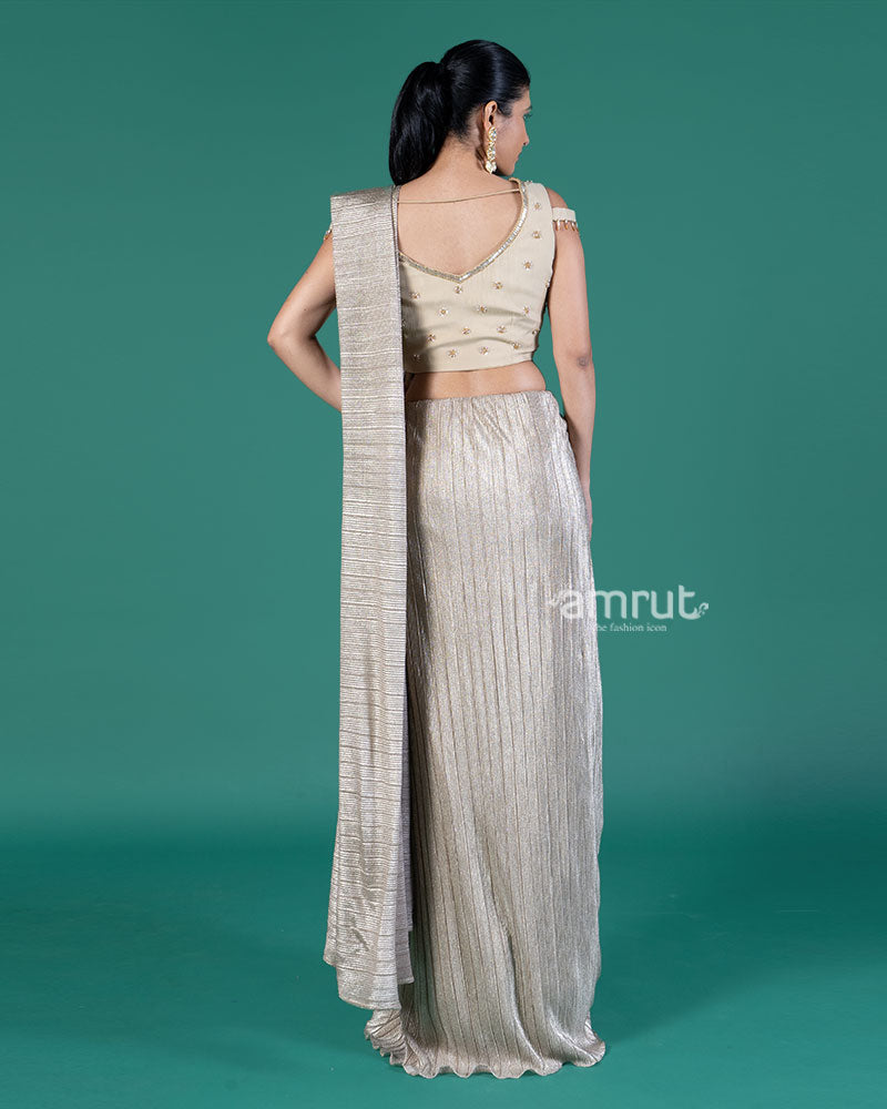 Beige Shimmering Ready to Wear Saree with Golden Embroidered Blouse 04