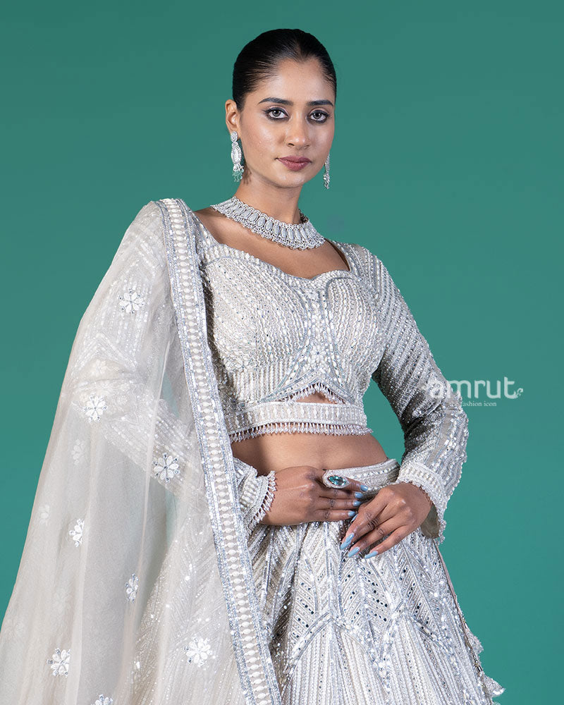 Beige Silver Embellished Lehenga Choli with Embroidered Dupatta 02