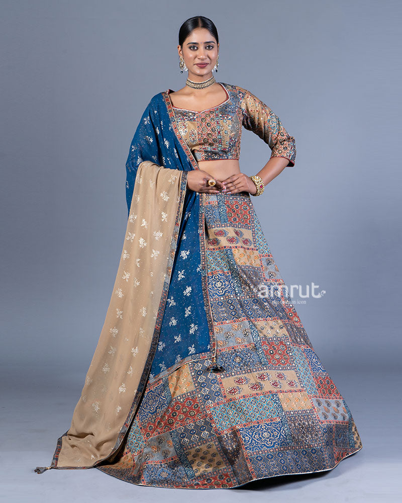 Beige and Blue Patchwork Lehenga Choli with Maroon Dupatta 01