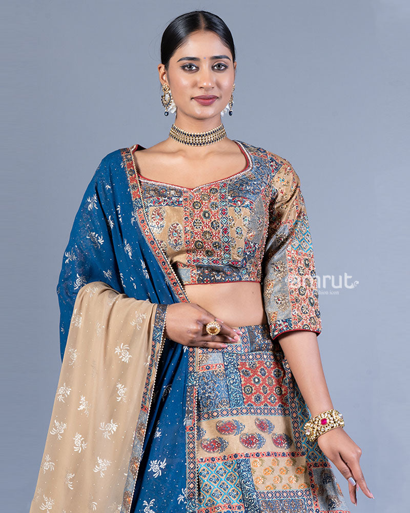 Beige and Blue Patchwork Lehenga Choli with Maroon Dupatta 02