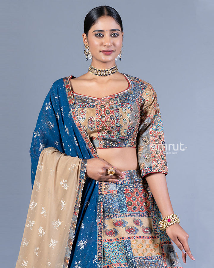Beige and Blue Patchwork Lehenga Choli with Maroon Dupatta 02