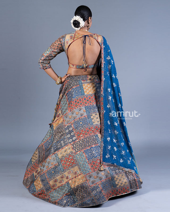 Beige and Blue Patchwork Lehenga Choli with Maroon Dupatta 03