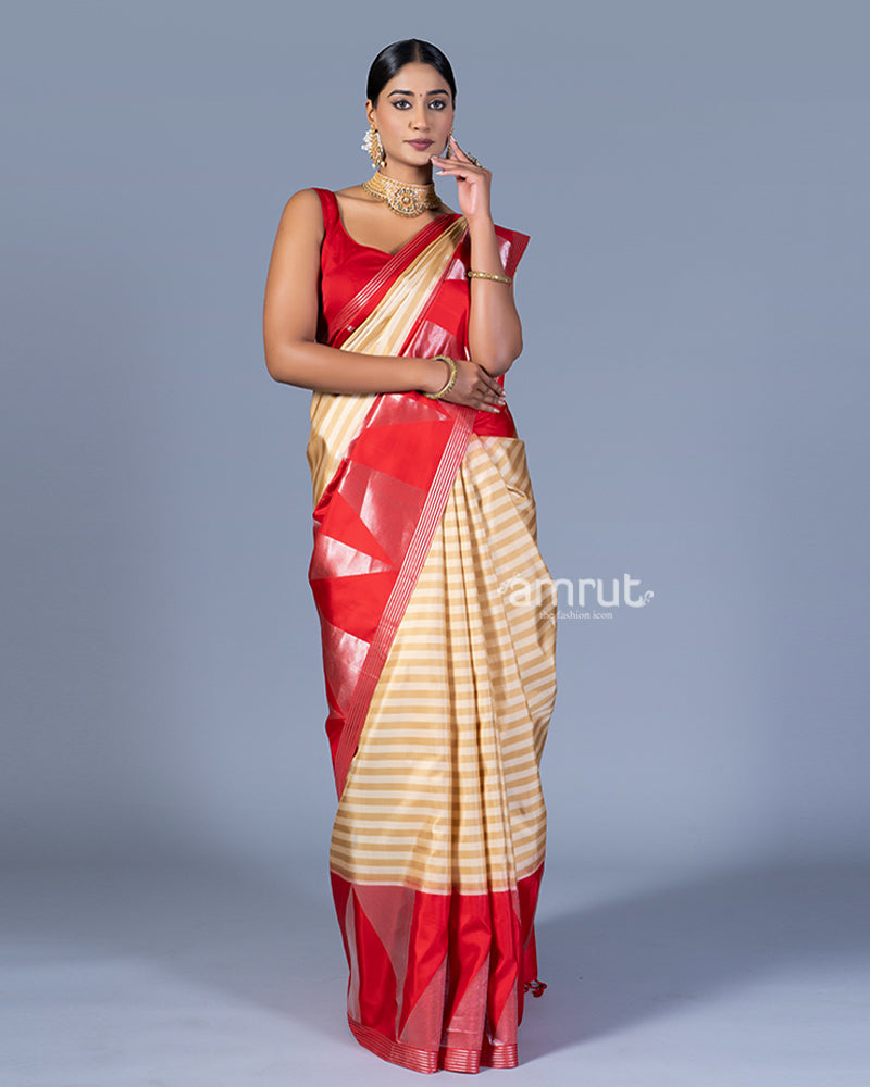 Beige and Cream Striped Red Border Saree with Unstitched Blouse 01