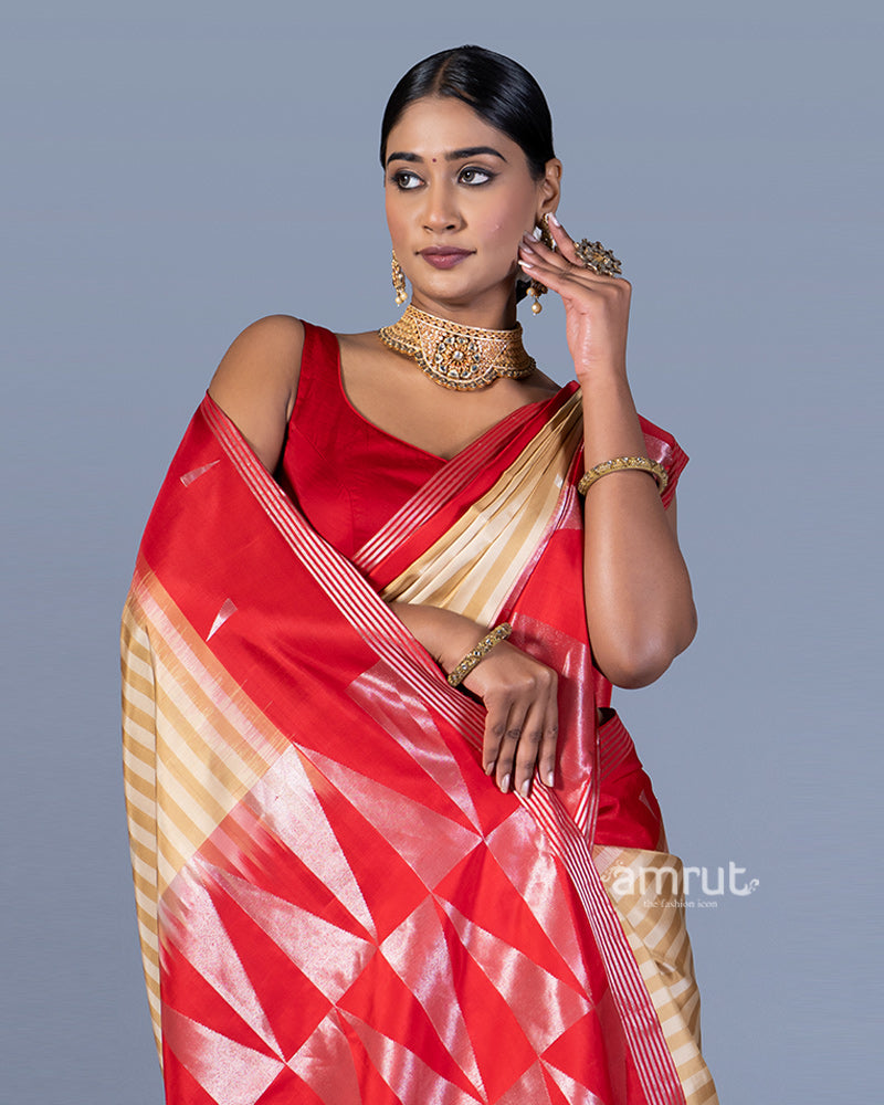 Beige and Cream Striped Red Border Saree with Unstitched Blouse 02