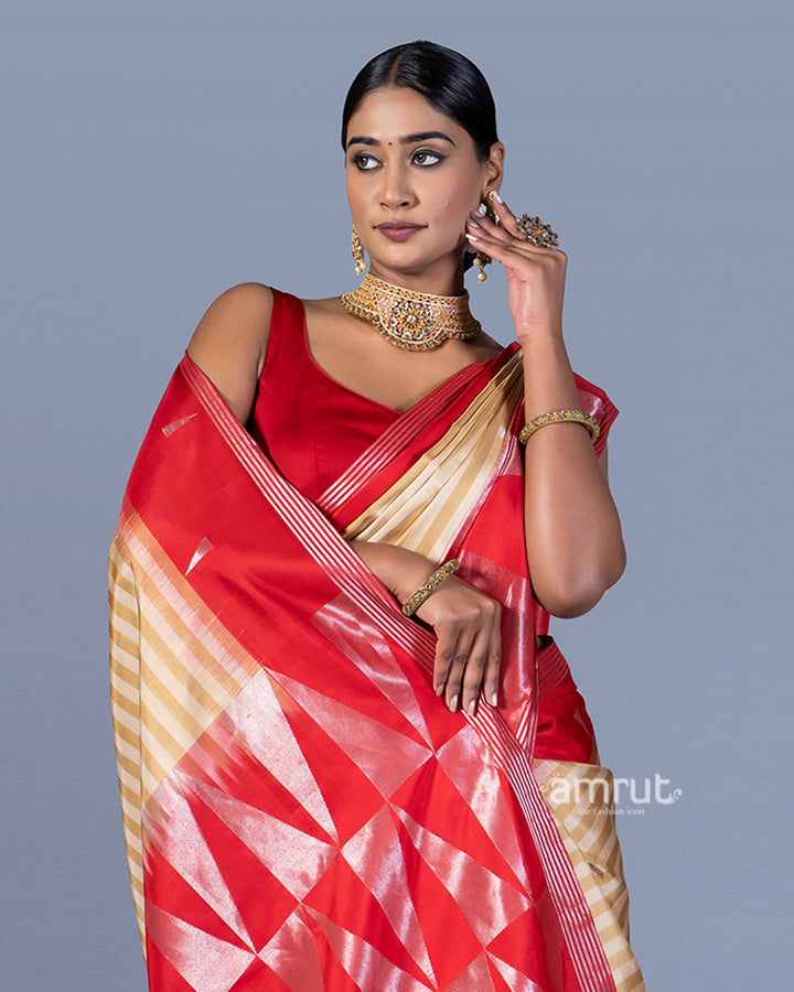 Beige and Cream Striped Red Border Saree with Unstitched Blouse 02