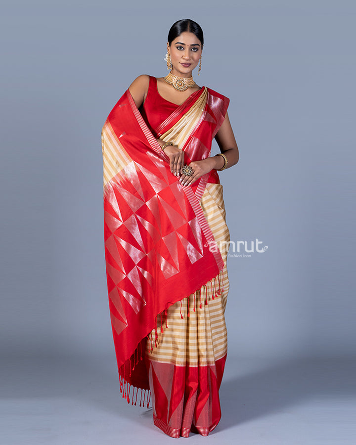 Beige and Cream Striped Red Border Saree with Unstitched Blouse 04