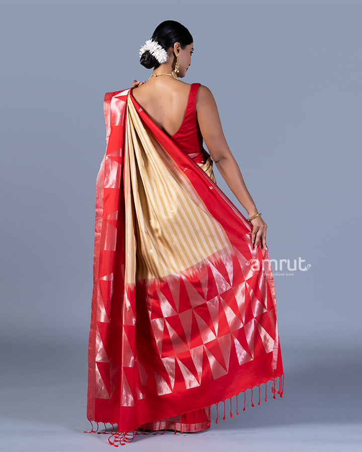 Beige and Cream Striped Red Border Saree with Unstitched Blouse 05