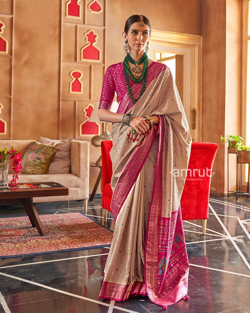 Beige and Pink Foil Printed Patola Saree with Unstitched Blouse 01