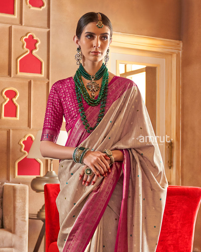 Beige and Pink Foil Printed Patola Saree with Unstitched Blouse 02