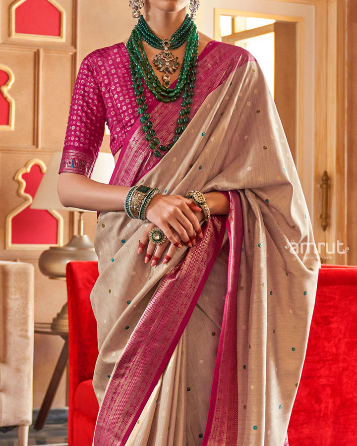 Beige and Pink Foil Printed Patola Saree with Unstitched Blouse 03