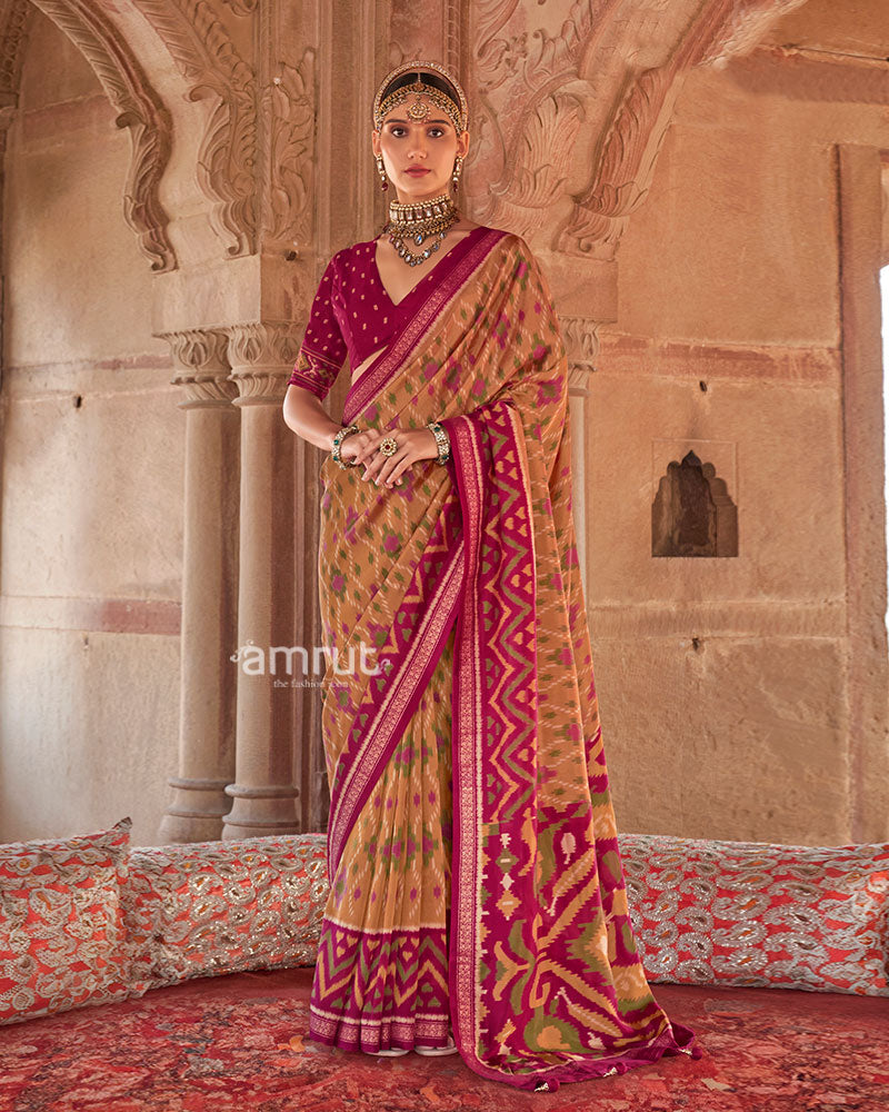 Beige and Rani Pink Ikat Patola Printed Saree with Unstitched Blouse 01
