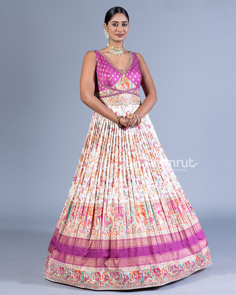 Beige and Taupe Pleated Gown with Embroidered Bodice and Burgundy Hemline 001