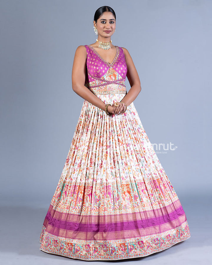 Beige and Taupe Pleated Gown with Embroidered Bodice and Burgundy Hemline 001