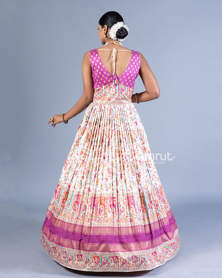 Beige and Taupe Pleated Gown with Embroidered Bodice and Burgundy Hemline 003