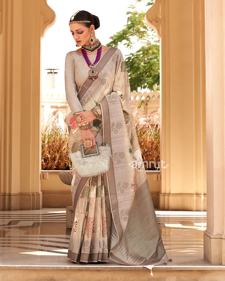 Beige with Light Brown Border Printed Saree and Unstitched Blouse 01