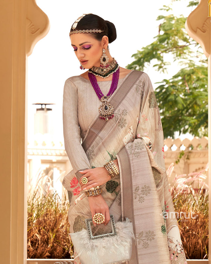 Beige with Light Brown Border Printed Saree and Unstitched Blouse 02