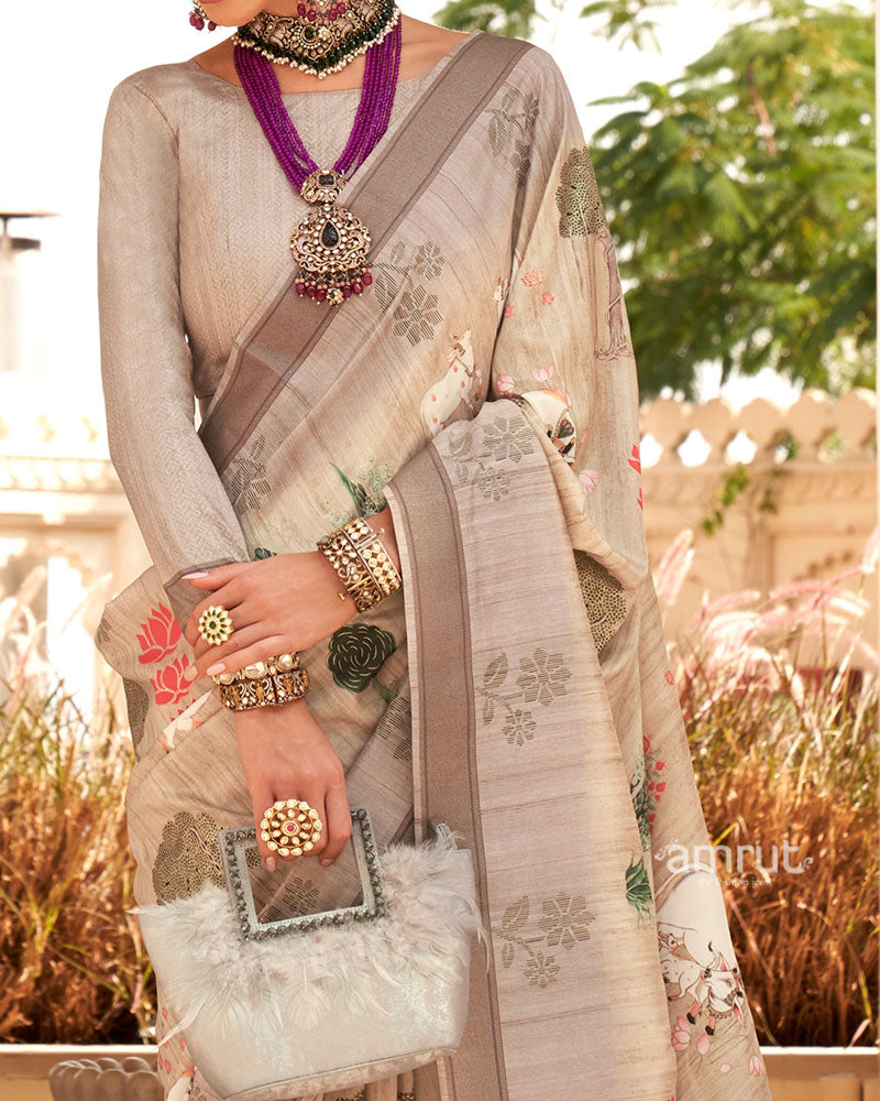 Beige with Light Brown Border Printed Saree and Unstitched Blouse 03