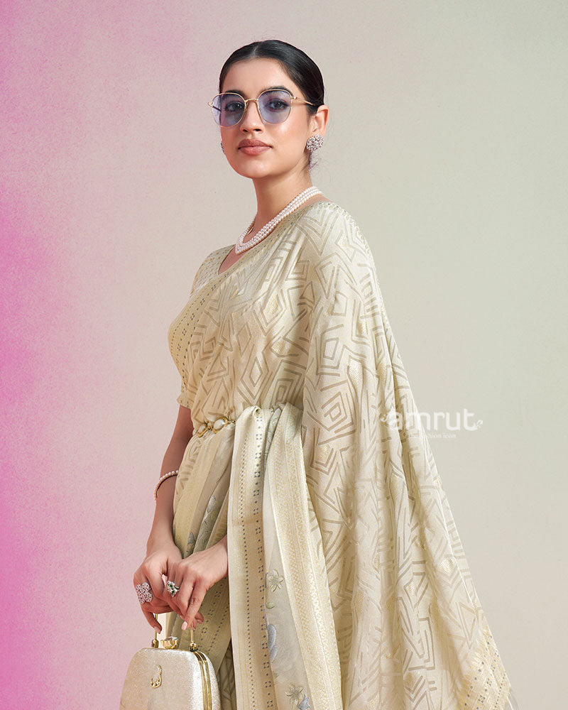 Beige with Pastel Printed Saree with Unstitched Blouse 02